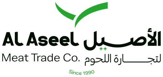 Al Aseel Meat Trade Co logo with green checkmark and "Since 1990" Color: Al Aseel Meat Trade Co logo in green and black with Arabic and English text and "Since 1990"