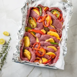 "Foil-lined baking dish with raw beef slices, peaches, red and green bell peppers, lemon halves, and thyme prepared for roasting."